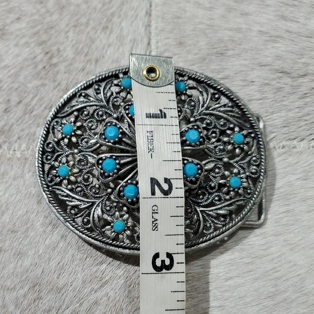 Western Silver and Turquoise Ornate Belt Buckle Rodeo Cowgirl Country Thunder